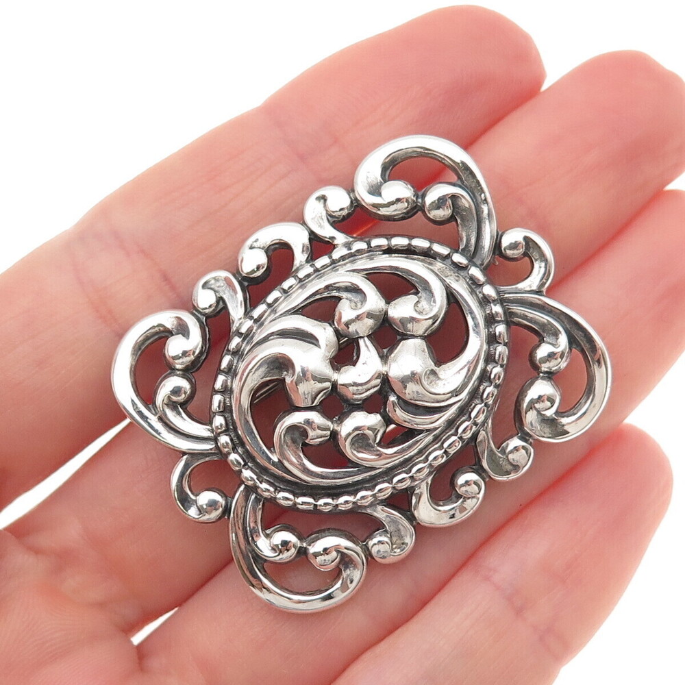 Danecraft 925 Sterling Silver Antique Art Deco Floral Scroll Oxidized Pin Brooch